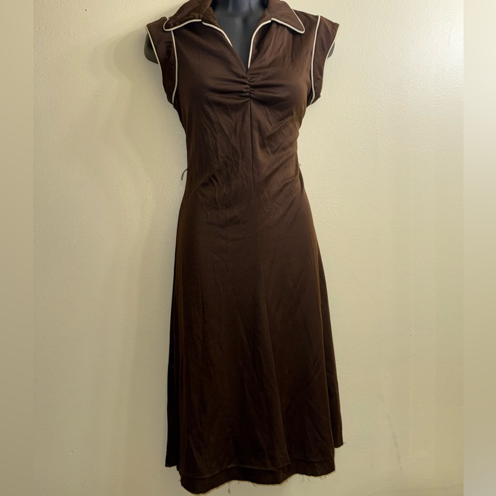 Vintage 60s 70s ILGWU Union Made‎ Brown Mod Midi Dress Size 11 - Picture 6 of 9
